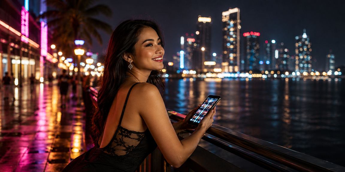 Suasana casino dengan pencahayaan neon yang semarak dan modern