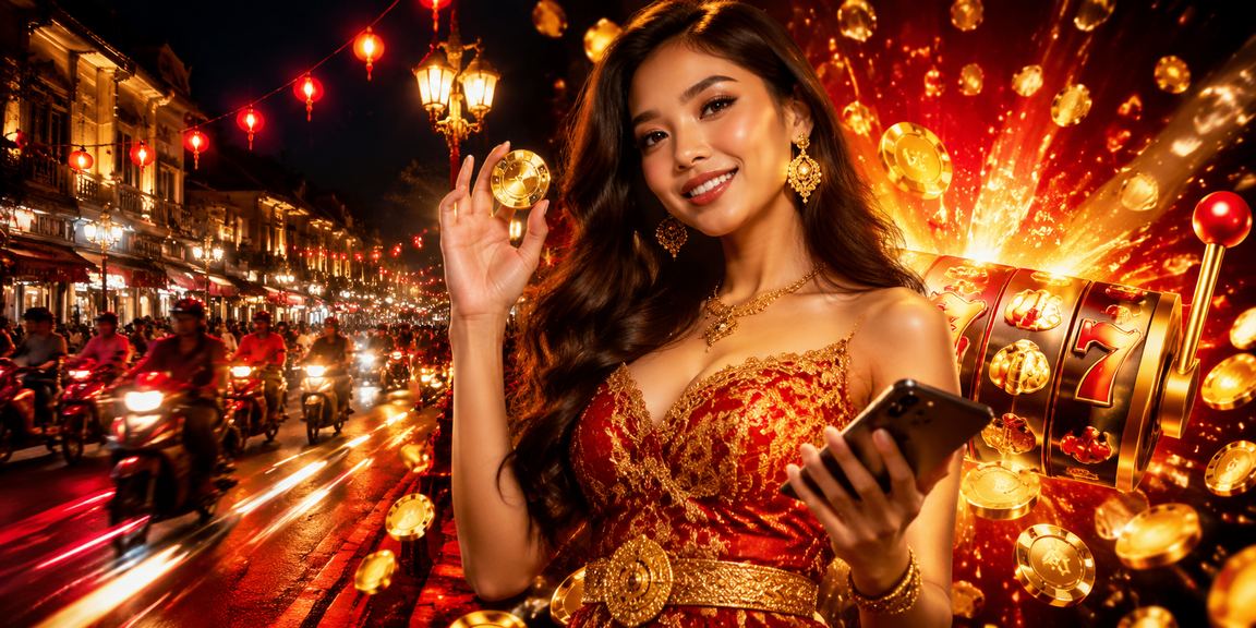 Tampilan permainan slot di pasar malam dengan cahaya neon yang meriah