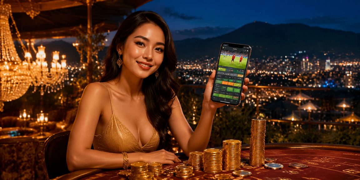 Suasana pasar malam dengan layar taruhan olahraga digital yang ramai